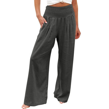 Picture of Hvyesh My Orders, Linen Pants for Women Summer High Waisted Wide Leg Pants Casual Elastic Waist Palazzo Pants Beach Pants with Pockets 5 Dollar Items