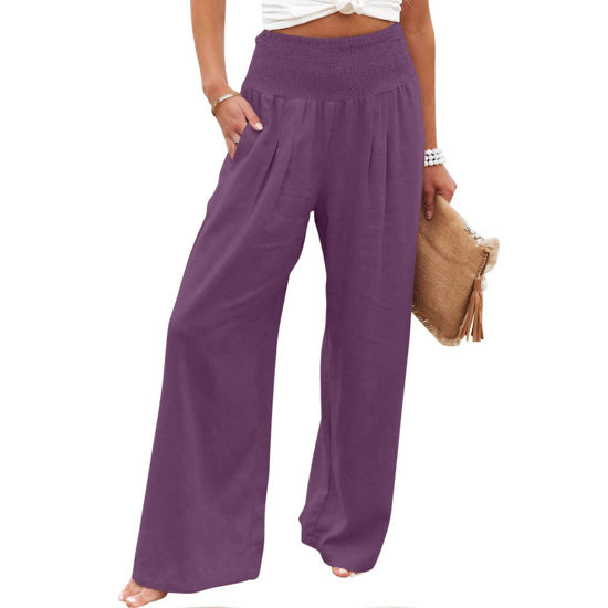 Picture of My Orders, Linen Pants for Women Summer High Waisted Wide Leg Pants Casual Elastic Waist Palazzo Pants Beach Pants with Pockets Prime Deals of The Day Today only