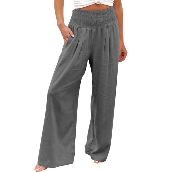 Picture of Hvyesh My Orders, Linen Pants for Women Summer High Waisted Wide Leg Pants Casual Elastic Waist Palazzo Pants Beach Pants with Pockets All