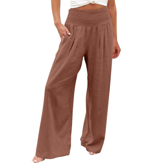 Picture of Hvyesh My Orders, Linen Pants for Women Summer High Waisted Wide Leg Pants Casual Elastic Waist Palazzo Pants Beach Pants with Pockets Deals