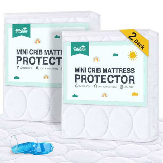 Picture of Mini Crib Mattress Protector Sheets Waterproof 2 Pack, Quilted Pack and Play Mattress Pad Cover Fits for Baby Mini Crib/Playen/Pack and Play mattress, White, 38"x24"