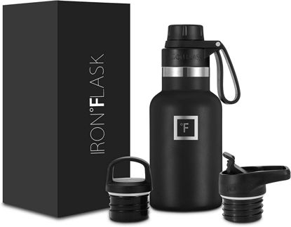 Picture of IRON °FLASK Camping & Hiking Hydration Canteens - 3 Lids (Narrow Spout Lid) Leak Proof Vacuum Insulated Stainless Steel - Hot & Cold Double Walled Sports Water Bottle - Midnight Black, 12 Oz