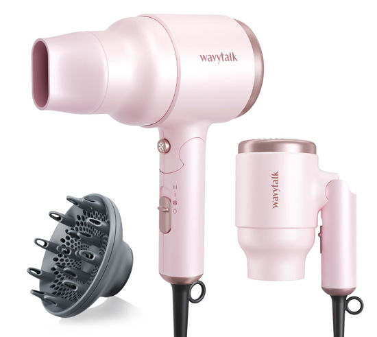 Picture of Wavytalk Blow Dryer with Diffuser, Mini Hair Dryer with Folding Handle, 1600W Quiet Lightweight Hairdryer with Diffuser Compact Design, Pinky White