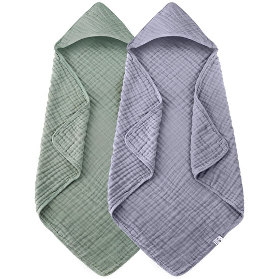 Picture of Spotted Play 2 Pack Hooded Baby Towels - 100% Muslin Cotton for Newborns, Infants, Toddlers - Large 32x32Inch Size - Highly Absorbent and Essential for Newborn Care, Green and Grey