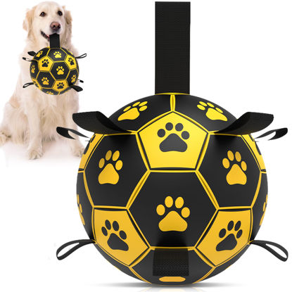 Picture of QDAN Dog Toys Soccer Ball with Straps - Durable Dog Balls for Large Dogs, Outdoor Dog Toys, Dog Water Toy, Herding Ball, Puppy Dog Birthday Gifts (8 Inch)