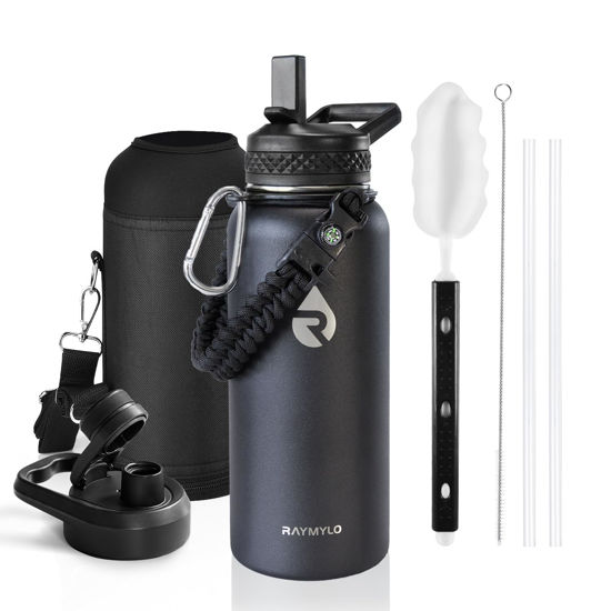 Picture of RAYMYLO Insulated Water Bottle 32 oz, Triple Wall Vacuum Stainless Steel (Cold for 48 Hrs), Leak Proof & Non-BPA, Modern Water Flask Jug with Paracord Handle & Straw Spout Lids, Magic Black