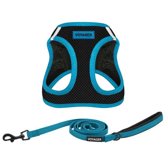 Picture of Voyager Step-in Air All Weather Mesh Harness and Reflective Dog 5 ft Leash Combo with Neoprene Handle, for Small, Medium and Large Breed Puppies by Best Pet Supplies - Black/Blue Trim, Large