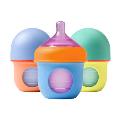 Picture of Boon Nursh Reusable Silicone Pouch Baby Bottles - Slow Flow Nipple - Silicone Baby Bottle Pouch and Nipple - Baby Feeding Essentials - Color Block - 0-3 Months - 3 Count - 4 Ounce