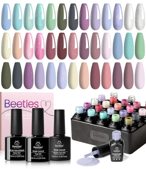 Picture of beetles Gel Nail Polish Set-23 Pcs Gel Nail Polish Neutral Pink Gray Blue Green White Gel Nail Polish with Base Coat and Matte&Glossy Top Coat Gel Nail Polish Manicure Kit Soak off Uv Gift for Women