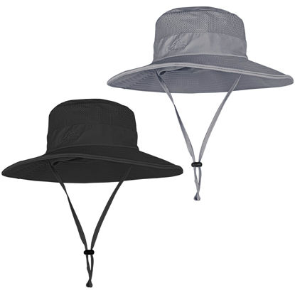 Picture of 2 Pack Sun Hats for Men Women Fishing Hat UPF 50+ Breathable Wide Brim Summer UV Protection Hat Black/Dark Grey