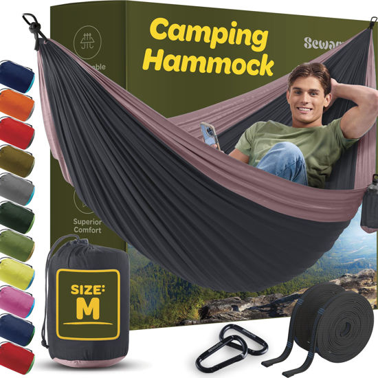 Picture of Durable Hammock 400 lb Capacity, Nylon Camping Hammock Chair - Double or Single Sizes w/Tree Straps and Attached Carry Bag - for Travel/Backpacking/Beach/Backyard (Medium,Dark Gray & Dusty Pink)