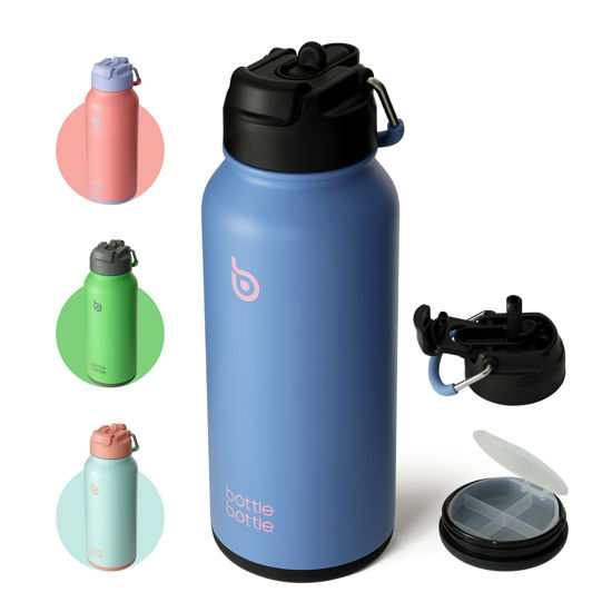 Picture of BOTTLE BOTTLE 32oz Insulated Water Bottle Stainless Steel Sport Water Bottle with Straw Dual-use Lid Design for Gym with Pill Box (sky summer)