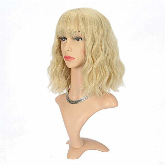 Picture of VCKOVCKO Blonde Natural Wavy Bob Wig With Air Bangs Short Bob Wigs Women's Shoulder Length Wigs Curly Wavy Synthetic Cosplay for Girl Colorful Wigs(12",Blonde)