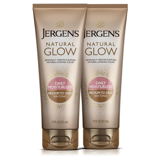 Picture of Jergens Natural Glow Self Tanner Lotion, Daily Sunless Fake Tanning, Medium to Deep Skin Tone, Daily Moisturizer, featuring Antioxidants and Vitamin E, 7.5 oz (2 Pack)