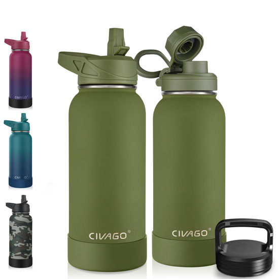 Picture of CIVAGO 32 oz Insulated Water Bottle With Straw, Stainless Steel Sports Water Cup Flask with 3 Lids (Straw, Spout and Handle Lid), Wide Mouth Travel Thermal Mug, Army Green