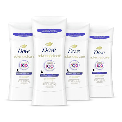 Picture of Dove Advanced Care Antiperspirant Deodorant Stick Sheer Fresh 4 Count Anti-stain antiperspirant deodorant for soft underarms 72-hour underarm odor protection and all-day sweat control 2.6 oz