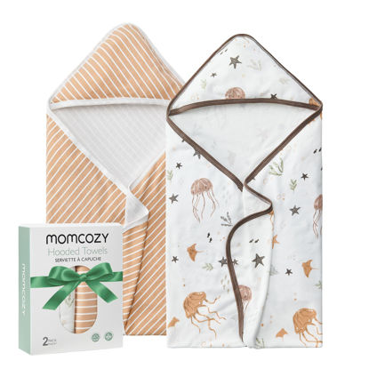 Picture of Momcozy Baby Towel with Hooded-2 Pack Soft Bath Towel Set-Shower Gifts or Bath Essential for Infant,Newborn, Toddler (28 X 28 Inch, Ocean Whimsy)