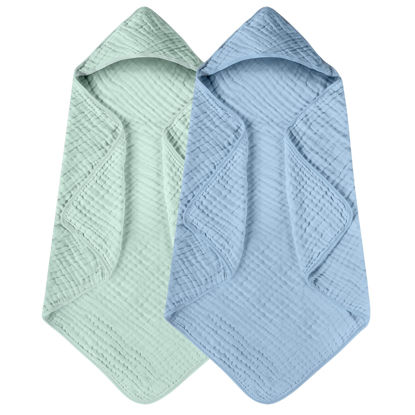 Picture of Yoofoss Hooded Baby Towels for Newborn 2 Pack 100% Muslin Cotton Baby Bath Towel with Hood for Babies, Infant, Toddler and Kids, Large 32x32Inch, Soft and Absorbent Newborn Essential