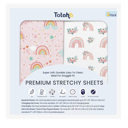 Picture of TotAha Crib Sheets Girl (2-Pack)-Hypoallergenic, Silky Comfort, Buttery Soft, Calming Effect, All-Season Premium Stretchy Jersey-Knit Sheets, 9'' Extra Deep Pocket (Pink Rainbow)