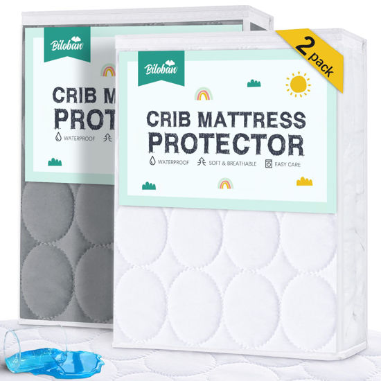 Picture of Biloban Crib Mattress Protector 2 Pack, Waterproof, Quilted, Grey & White, Absorbent, Ultra Soft, Noiseless, Durable