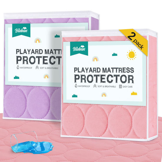 Picture of Pack and Play Protector Sheets Waterproof 2 Pack, Quilted Pack and Play Mattress Pad Cover Fitted Fits for Graco Pack n Play Playard Mattress/Playpen Mattress, Pink & Purple, 39" x 27"