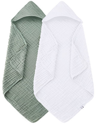 Picture of Spotted Play 2 Pack Hooded Baby Towels - 100% Muslin Cotton for Newborns, Infants, Toddlers - Large 32x32Inch Size - Highly Absorbent and Essential for Newborn Care, White and Green