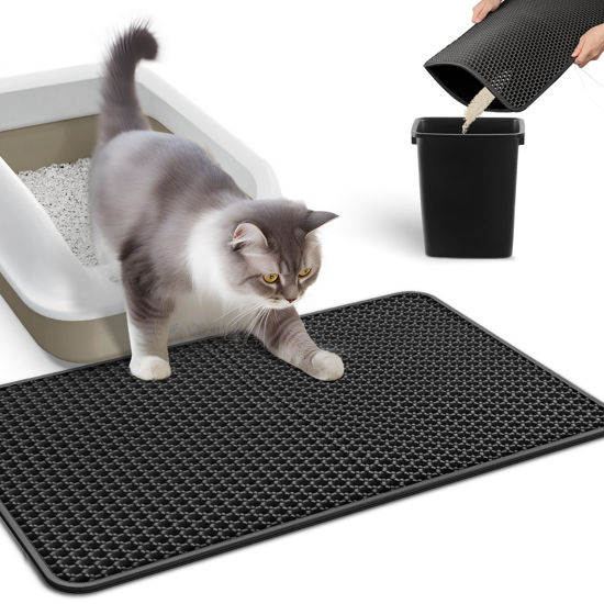 Picture of Powools Cat Litter Mat Large - 24"x30" Litter Trapping Mat, Easy to Clean Litter Box Mat, Waterproof, Urine-Proof, Non-Slip Kitty Litter Mats for Floor, Black