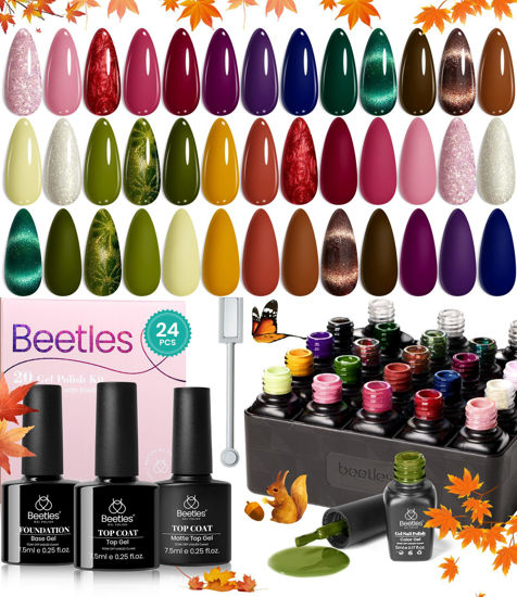 Picture of Beetles Fall Gel Nail Polish Set, 20 Colors Green Blue Burgundy Purple Brown Gel Polish Glitter Pearl Cat Eye Urban Elegance Nail Manicure with Base Coat Matte & No Wipe Top Coat Soak off UV Gel