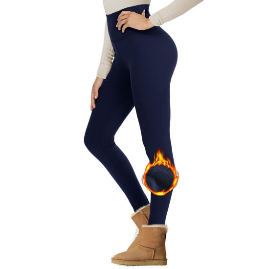 Picture of NexiEpoch Fleece Lined Leggings Women - High Waisted Winter Yoga Pants Tummy Control Soft Thermal Warm for Hiking Workout Navy Blue