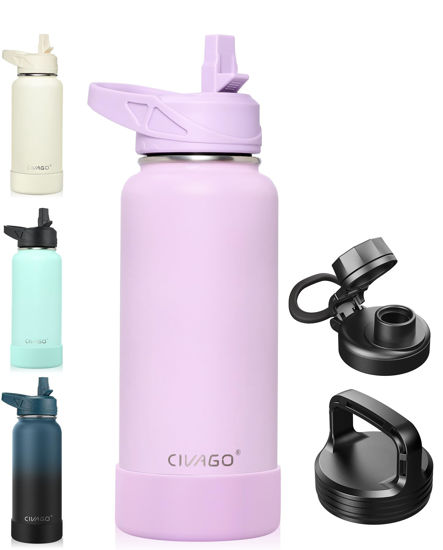 Picture of CIVAGO 32 oz Insulated Water Bottle With Straw, Stainless Steel Sports Water Cup Flask with 3 Lids (Straw, Spout and Handle Lid), Wide Mouth Travel Thermal Mug, Lavender