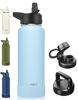 Picture of CIVAGO 40 oz Insulated Water Bottle With Straw, Stainless Steel Sports Water Flask Cup with 3 Lids (Straw, Portable Spout and Handle Lid), Double Walled Travel Thermal Canteen Mug, Light Blue