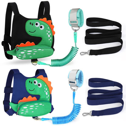 Picture of Accmor Toddler Leash Harness, 2 Pack Cute Dinosaur Kids Leash Harness Wrist Leashes + Anti Lost Wrist Link, Child Walking Harness Wristband Assistant Strap Belt for Baby Boys Girls to Outdoor Travel