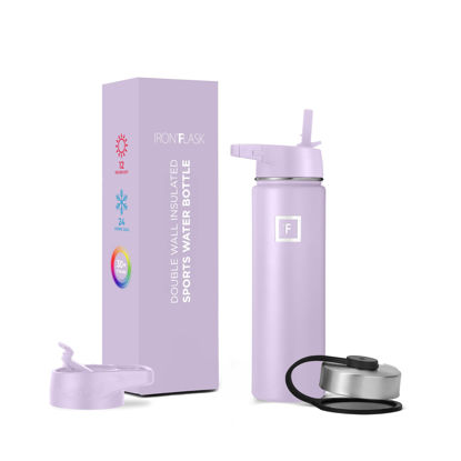 Picture of IRON °FLASK Camping & Hiking Hydration Flask, Wide Mouth, 3 Straw Lids, Stainless Steel Outdoor Water Bottle, Double Walled, Insulated Thermos, Metal Canteen - Lavender, 22 Oz