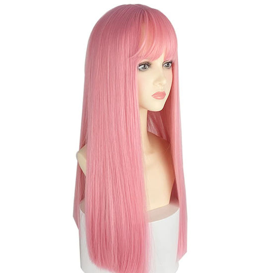 Picture of URCGTSA 22 Inches long Hair Wig for Women Pink Synthetic Hair Natural Long Straight Wig With Bangs Party Cosplay Wig for Girl (Light Pink)