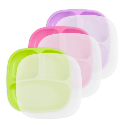 Picture of Re Play 7" Divided Toddler 3 Pack Plates with 3 Silicones Lids - Deep Sides and Three Compartments for Easy Self Feeding - BPA Free - Dishwasher Safe - Butterfly