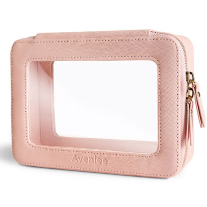 Picture of Aveniee Clear Makeup Bag Organizer, Portable Travel Toiletry Cosmetic Bag Case for Women, Heavy Duty Make Up Pouch with Transparent Vinyl Windows & Gold Zippers(Pink)