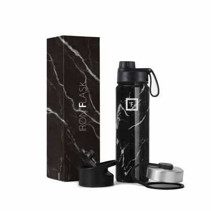 Picture of IRON °FLASK Camping & Hiking Hydration Flask, Wide Mouth, 3 Spout Lids, Stainless Steel Outdoor Water Bottle, Double Walled, Insulated Thermos, Metal Canteen - Black Marquina, 22 Oz