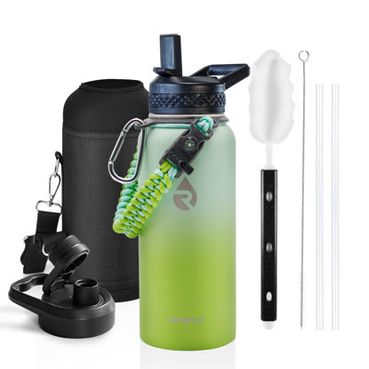 Picture of RAYMYLO Insulated Water Bottle 32 oz, Triple Wall Vacuum Stainless Steel (Cold for 48 Hrs), Leak Proof & Non-BPA, Modern Water Flask Jug with Paracord Handle & Straw Spout Lids, Ombre Green