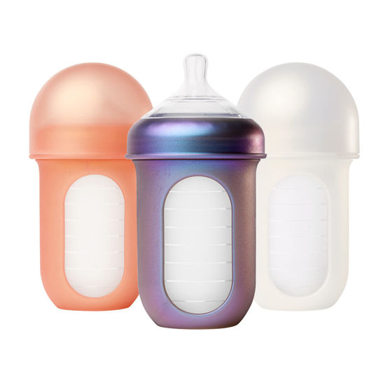 Picture of Boon Nursh Reusable Silicone Baby Bottles with Collapsible Silicone Pouch Design - Everyday Baby Essentials - Stage 2 Medium Flow Baby Bottles - Metallic - 8 Oz - 3 Count