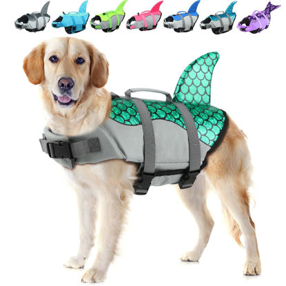 Picture of EMUST Dog Life Jacket, Ripstop Dog Lifesaver Vests with Rescue Handle for Small Medium and Large Dogs, Pet Safety Swimsuit Preserver for Swimming Pool Beach Boating, Fishturquoise, XS