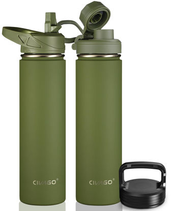 Picture of CIVAGO 24 oz Insulated Water Bottle With Straw, Stainless Steel Sports Water Flask Cup with 3 Lids (Straw, Spout and Handle Lid), Double Walled Travel Thermal Canteen Mug, Army Green