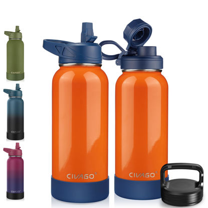 Picture of CIVAGO 32 oz Insulated Water Bottle With Straw, Stainless Steel Sports Water Cup Flask with 3 Lids (Straw, Spout and Handle Lid), Wide Mouth Travel Thermal Mug, Deep Orange