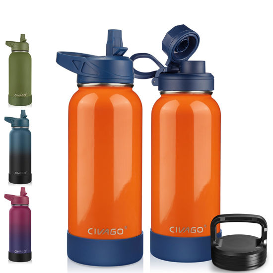 Picture of CIVAGO 32 oz Insulated Water Bottle With Straw, Stainless Steel Sports Water Cup Flask with 3 Lids (Straw, Spout and Handle Lid), Wide Mouth Travel Thermal Mug, Deep Orange