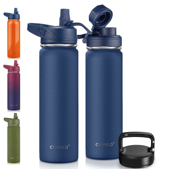 Picture of CIVAGO 22 oz Insulated Water Bottle With Straw, Stainless Steel Sports Water Flask Cup with 3 Lids (Straw, Portable Spout and Handle Lid), Double Walled Travel Thermal Canteen Mug, Navy Blue