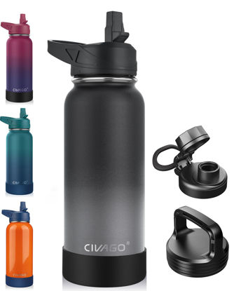 Picture of CIVAGO 32 oz Insulated Water Bottle With Straw, Stainless Steel Sports Water Cup Flask with 3 Lids (Straw, Spout and Handle Lid), Wide Mouth Travel Thermal Mug, Dreamy Black Gray