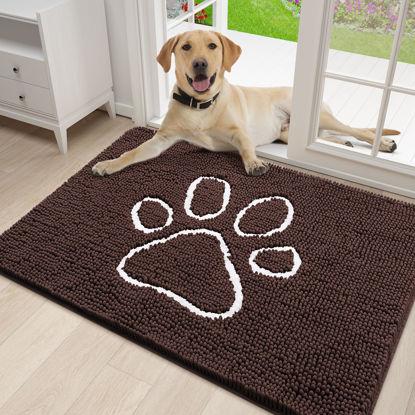 Picture of Smiry Dog Door Mat for Muddy Paws, Absorbent Dirt Trapper Non-Slip Washable Mat, Quick Dry Chenille, Mud Mat for Dogs, Entry Indoor Door Mat for Inside Floor (30x20 Inches, Brown)