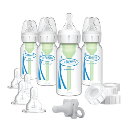 Picture of Dr. Brown's Anti-Colic Breast to Bottle Feeding Set with Slow Flow Nipples, Travel Caps, and Silicone Pacifier - Gray