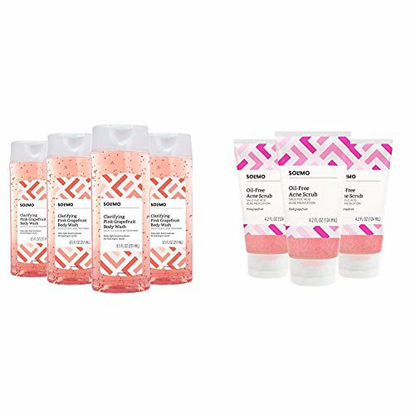 Picture of Amazon Brand - Solimo Clarifying Pink Grapefruit Body Wash, 2% Salicylic Acid Acne Treatment, Dermatologist Tested & Solimo Oil-free Pink Grapefruit Facial Scrub, 2% Salicylic Acid Acne Medication