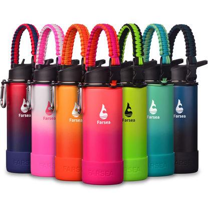 Picture of Farsea Insulated Water Bottle With Paracord Handle, Protective Silicone Boot and 2 Lids (Straw Lid & Spout Lid), Stainless Steel Water Bottle Wide Mouth, Double Wall Sweat-Proof BPA-Free, 18 oz