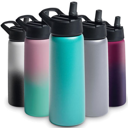 Picture of FineDine Triple Walled, Insulated Water Bottles with Straw - 25 Oz Stainless Steel Metal Bottle W/ 3 Leak Proof Lids - For Travel, School, Sports, Gym / Men, Women & Kids - Cheery Turquoise